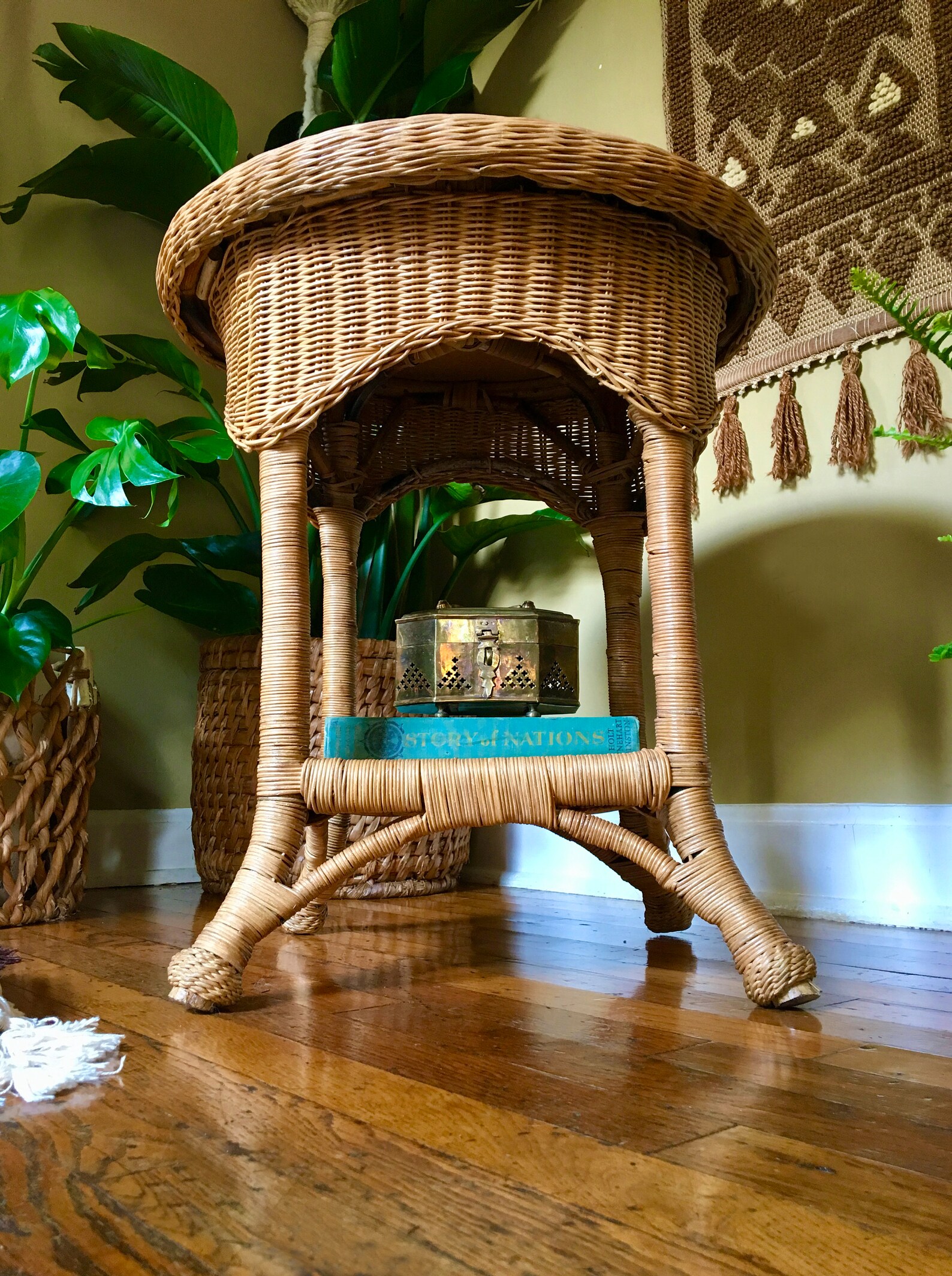Vintage Boho Round Two Tier Wicker Rattan Table / Side Table / Etsy
