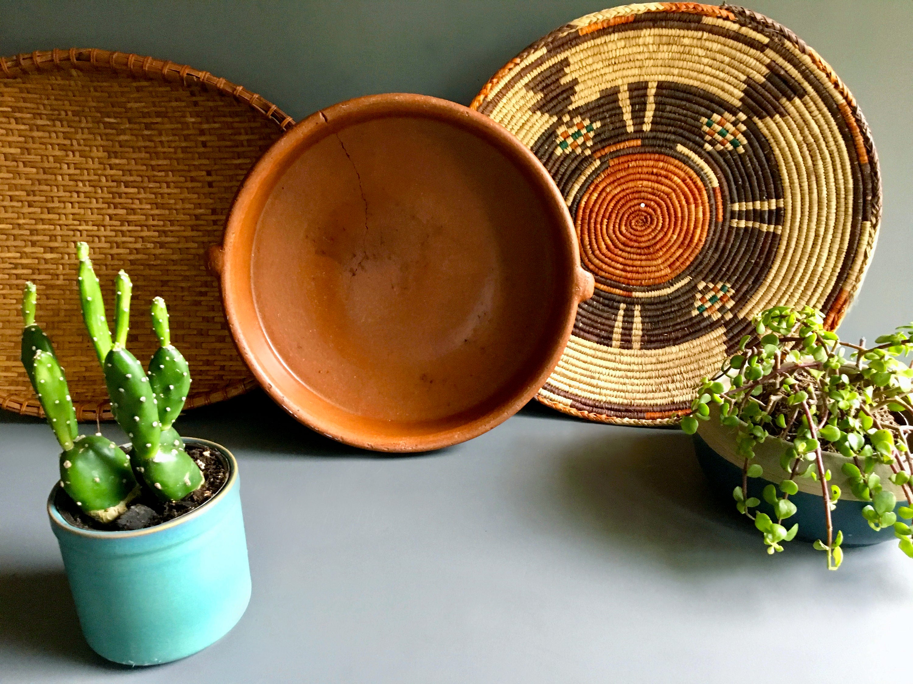 14 Diameter Glazed w Side Handles Vintage Southwestern Huge Terracotta Decorative Bowl Vintage Southwestern Decor Does Have Crack