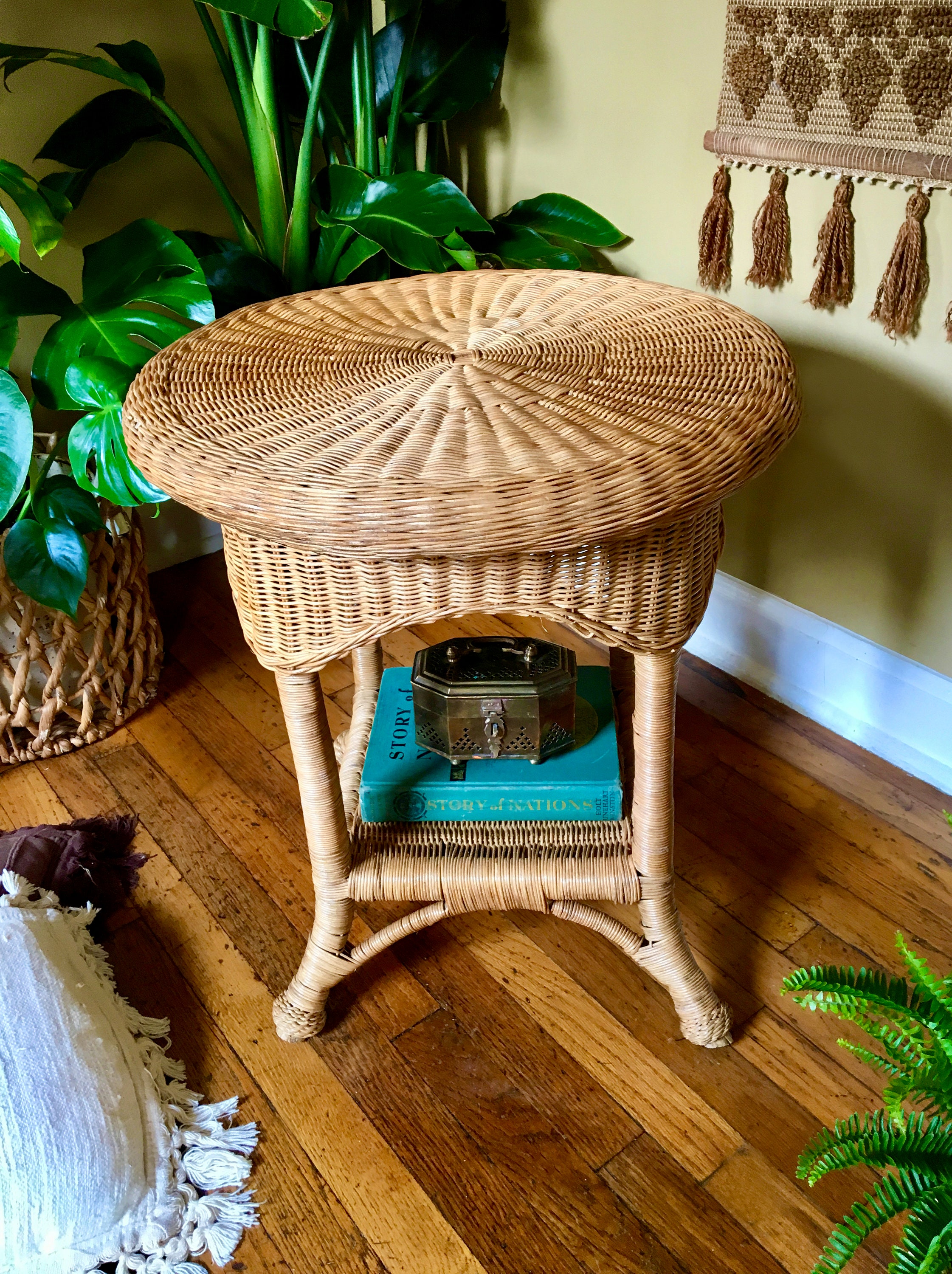 Vintage Boho Round Two Tier Wicker Rattan Table / Side Table / Etsy