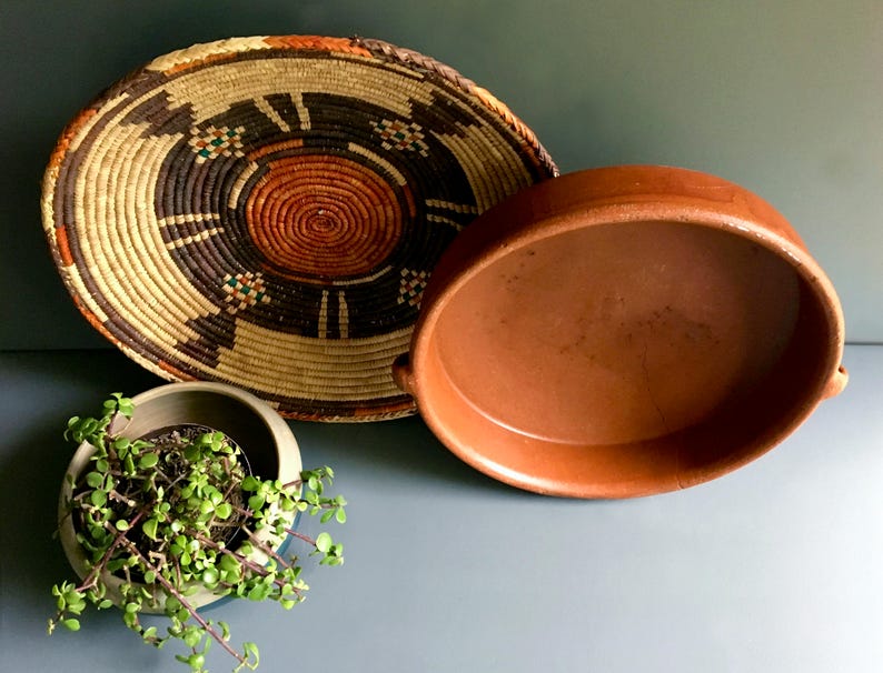 14 Diameter Glazed w Side Handles Vintage Southwestern Huge Terracotta Decorative Bowl Vintage Southwestern Decor Does Have Crack