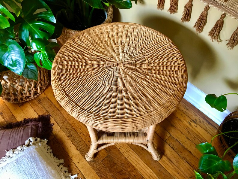 Vintage Boho Round Two Tier Wicker Rattan Table / Side Table / Etsy