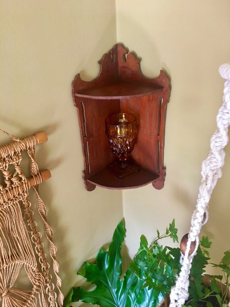 Vintage Bohemian Ornate Hand Carved Wooden Corner Shelf Two Tier Hanging Wall W Intricate Top Bottom Scroll Details