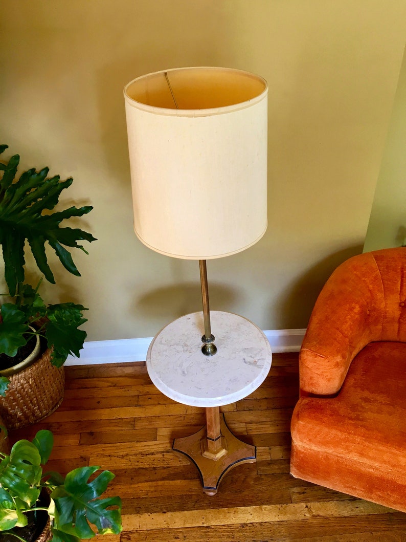 Reduced Vintage Mid Century Frederick Cooper Of Chicago Brass Wood Marble Table Floor Lamp End Drum Shade Harp Included