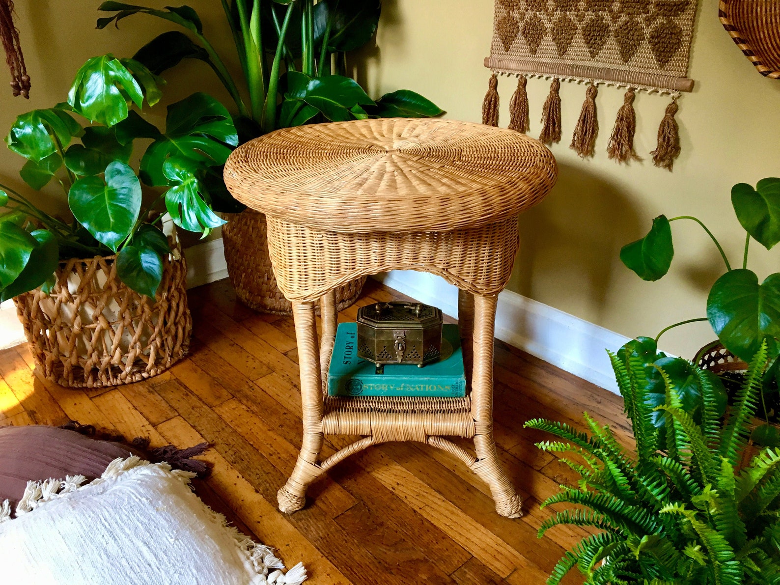 Vintage Boho Round Two Tier Wicker Rattan Table / Side Table / Etsy