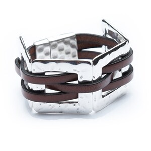 The Virago Handcrafted Leather and Hammered Silver Bold and Unique Statement Cuff Bracelet
