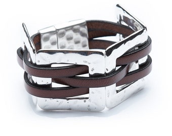 The Virago Handcrafted Leather and Hammered Silver Bold and Unique Statement Cuff Bracelet