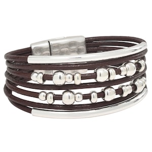 Mezzo Heroine Leather and Silver Beaded Bohemian Inspired Wrap Bracelet