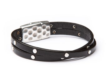 Handcrafted Unisex leather leather and silver studded cuff bracelet