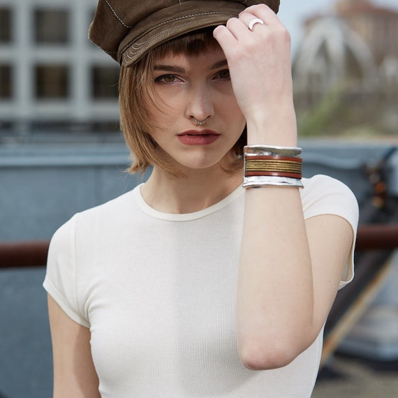 Custom Bold Statement Piece Italian Leather and Silver Fitted Style Cuff Bracelet with Magnetic Clasp