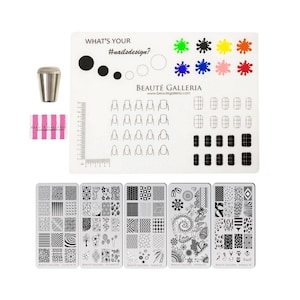 Nail Art Stamping Set - 5pcs Premium Etched Stamping Plates Image Templates, Silicone Nail Mat, Nail Stamper, Scraper and Instruction Card