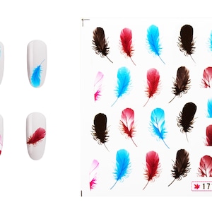 May include: Nail art stickers featuring colorful feather designs in blue, red, pink, and brown. The stickers are displayed on white nail polish samples, showcasing the application. A sheet of individual feather stickers is also shown.