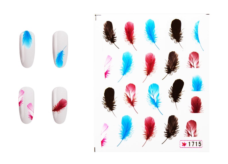 May include: Nail art stickers featuring colorful feather designs in blue, red, pink, and brown. The stickers are displayed on white nail polish samples, showcasing the application. A sheet of individual feather stickers is also shown.