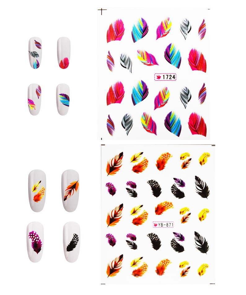May include: Nail art stickers featuring colorful feather designs. The stickers include various feather patterns in shades of red, blue, yellow, and black. Some stickers are applied to white nail polish for display. The text "1724" and "YB-871" are visible.