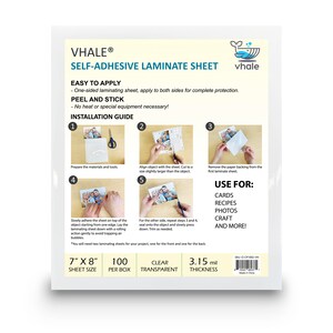 May include: Clear self-adhesive laminate sheet, 7 inches by 8 inches, 100 sheets per box, 3.15 mil thickness.  Instructions for applying the sheet to cards, recipes, photos, crafts, and more.