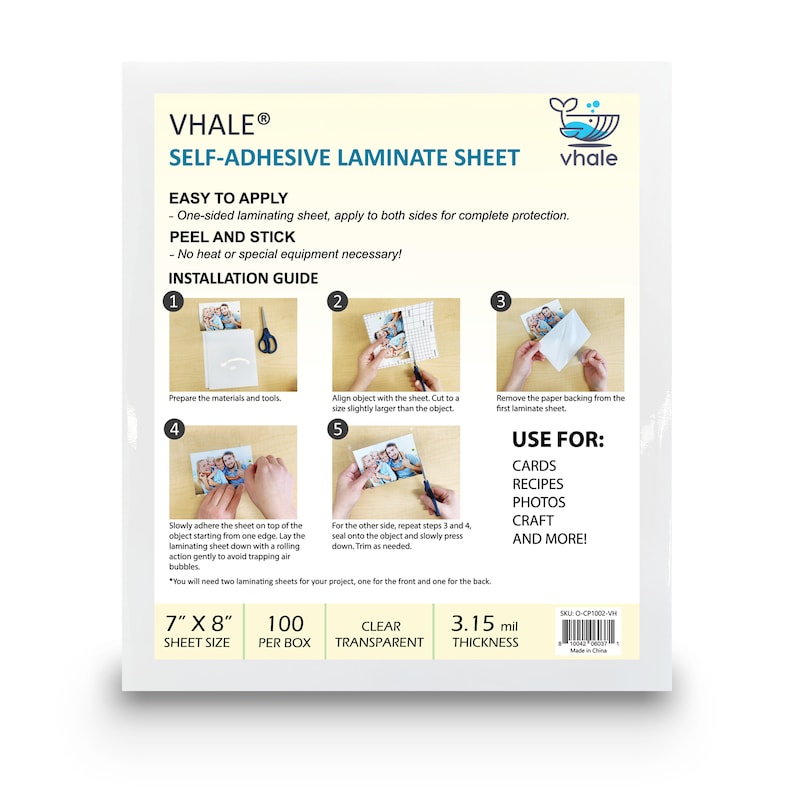 May include: Clear self-adhesive laminate sheet, 7 inches by 8 inches, 100 sheets per box, 3.15 mil thickness.  Instructions for applying the sheet to cards, recipes, photos, crafts, and more.