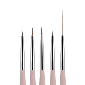 May include: Set of six fine-tipped detail brushes with silver metal ferrules and pink handles. The brushes have different sizes and shapes of bristles.