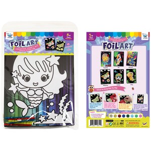 May include: A foil art craft kit featuring a mermaid sticker card. The kit includes a black card with a white outline of a mermaid, foil sheets, and tools for applying the foil. The back of the package shows other designs available in the kit, including a butterfly, a sailor, and a fish.