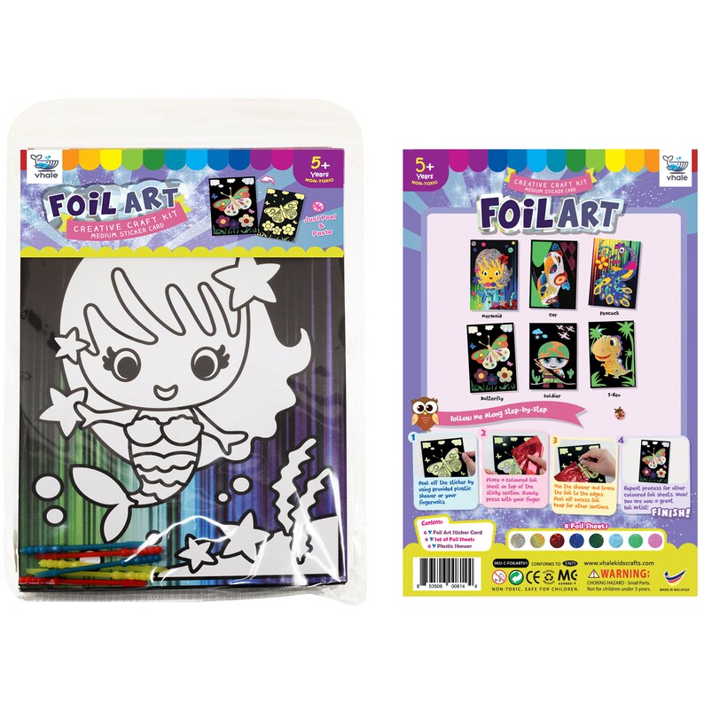 May include: A foil art craft kit featuring a mermaid sticker card. The kit includes a black card with a white outline of a mermaid, foil sheets, and tools for applying the foil. The back of the package shows other designs available in the kit, including a butterfly, a sailor, and a fish.