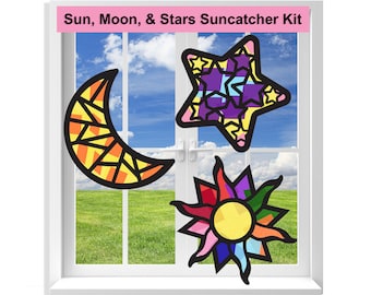 Sun Moon Stars Suncatcher Craft - 3 Set (9 Cutout) w Tissue Paper Stained Glass Sun Catcher Kit, Window Art, Classroom Craft Kid Party Favor