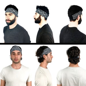 May include: Six different people wearing a gray and black patterned headband. The headband is worn on the forehead and covers the hairline. The people are wearing plain t-shirts.