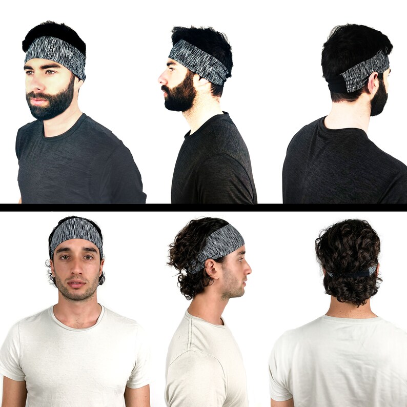 May include: Six different people wearing a gray and black patterned headband. The headband is worn on the forehead and covers the hairline. The people are wearing plain t-shirts.