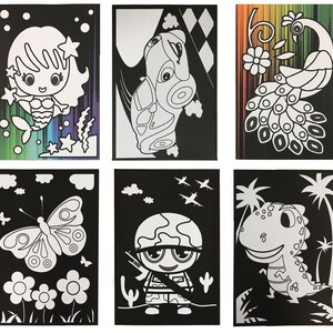 May include: Six black and white scratch art cards with different designs. The designs include a mermaid, a car, a peacock, a butterfly, a soldier, and a dinosaur.