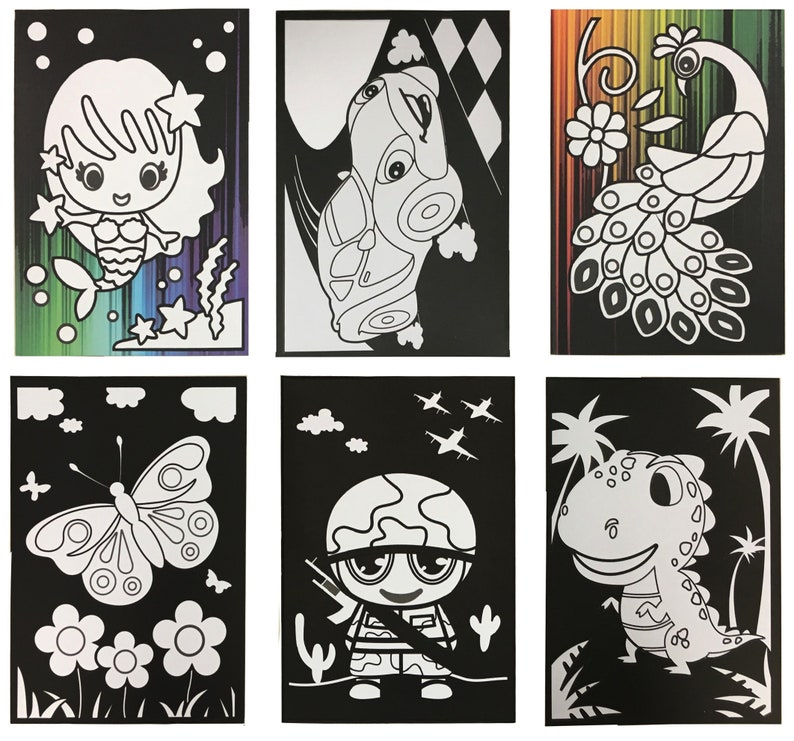 May include: Six black and white scratch art cards with different designs. The designs include a mermaid, a car, a peacock, a butterfly, a soldier, and a dinosaur.