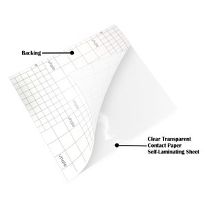 May include: A clear transparent contact paper self-laminating sheet with a grid pattern on the backing. The sheet is partially peeled back to reveal the adhesive side.