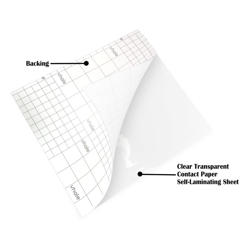 May include: A clear transparent contact paper self-laminating sheet with a grid pattern on the backing. The sheet is partially peeled back to reveal the adhesive side.