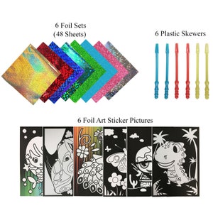May include: A craft kit with six foil art sticker pictures, six plastic skewers, and six foil sets (48 sheets). The foil art sticker pictures feature a variety of designs, including a mermaid, a car, a peacock, a butterfly, a robot, and a dinosaur. The foil sets are in a variety of colors, including gold, silver, red, blue, green, and pink.