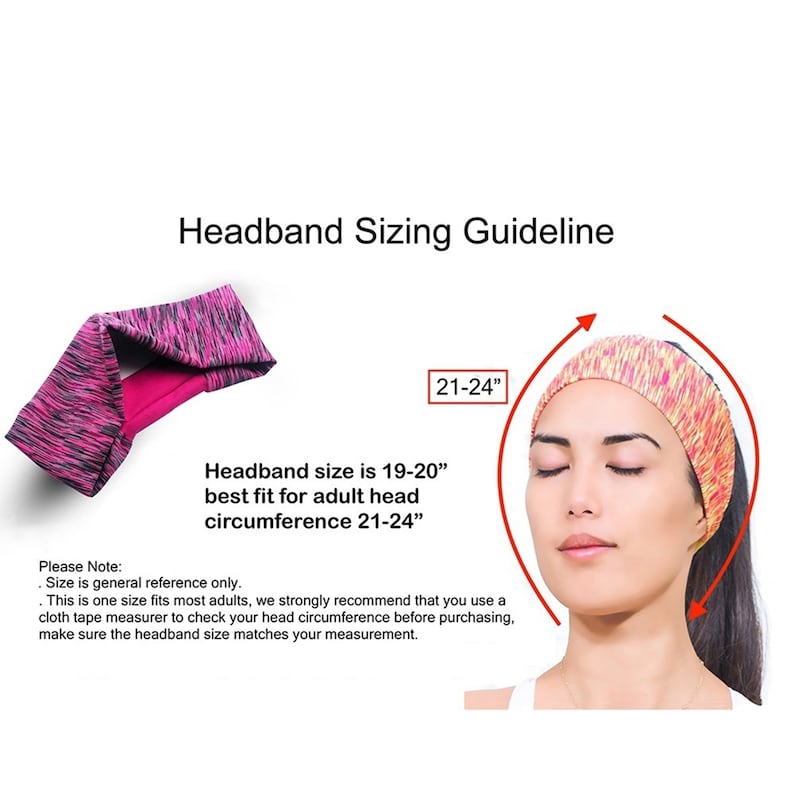 May include: A headband sizing guide with a pink and black headband and a yellow and orange headband. The text reads "Headband size is 19-20" best fit for adult head circumference 21-24".