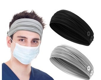 2 Pack Wide Headbands with Mask Button Holder Headwrap, Ear Pain Relief, Healthcare Staff Nurse First Responder, Fit Small Medium Head Sizes