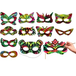 May include: Set of 10 colorful paper masks with intricate designs. The masks are black with neon green, pink, yellow, and blue accents. Some masks have string ties, while others have sticks for holding.