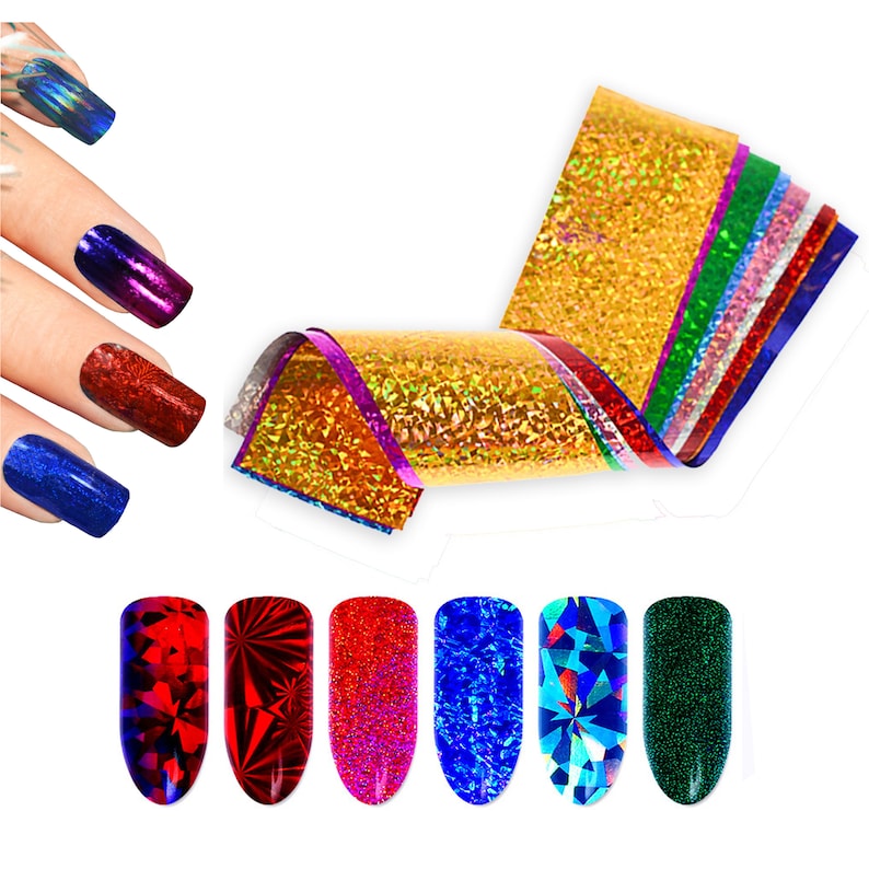 May include: A set of seven iridescent nail foils in various colors, including gold, green, blue, and red. The foils are shown on a white background with examples of how they can be used on nails.