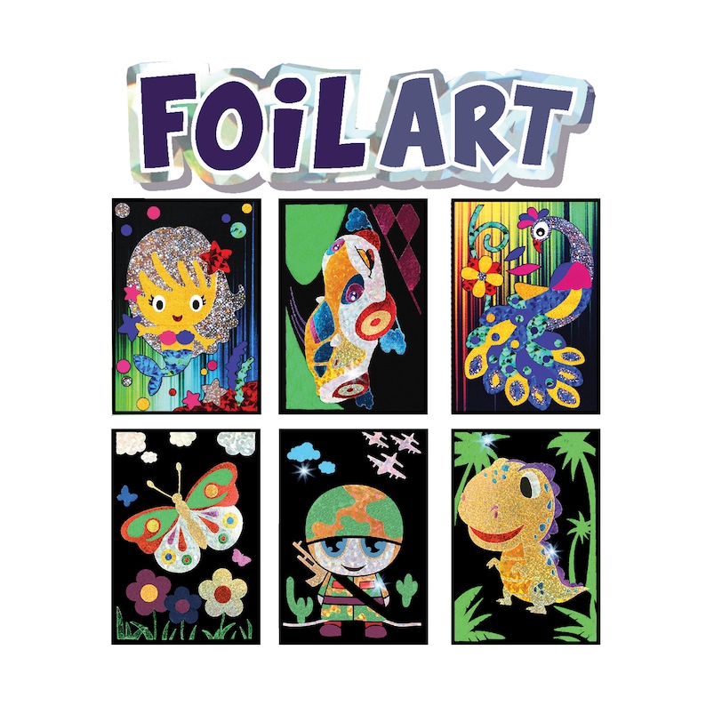 May include: Six colorful foil art craft kits featuring a mermaid, car, peacock, butterfly, soldier, and dinosaur. Each kit includes a black background with a colorful foil design.