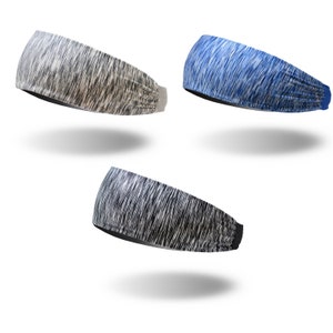 May include: Three headbands in different colors and patterns. The headbands are made of a stretchy, soft material and have a subtle sheen. The headbands are a light gray with black streaks, a light blue with white streaks, and a dark gray with white streaks.