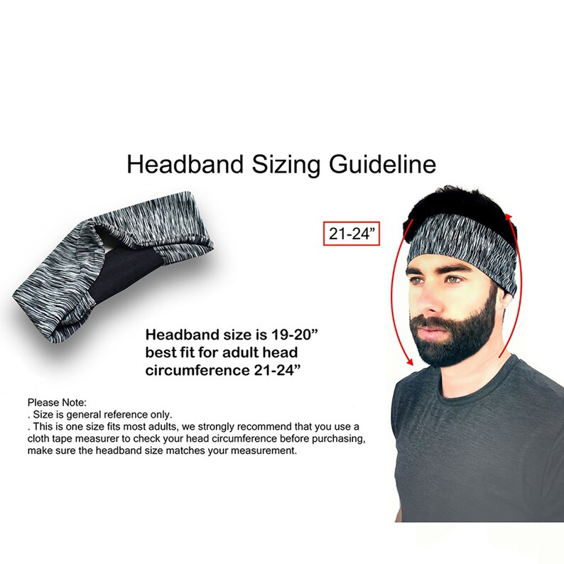 May include: A black and white patterned headband with a black underside. The headband is shown on a model with a beard. The text "Headband size is 19-20" best fit for adult head circumference 21-24" and "21-24" is included in the image. Please Note: Size is general reference only. This is one size fits most adults, we strongly recommend that you use a cloth tape measurer to check your head circumference before purchasing, make sure the headband size matches your measurement.