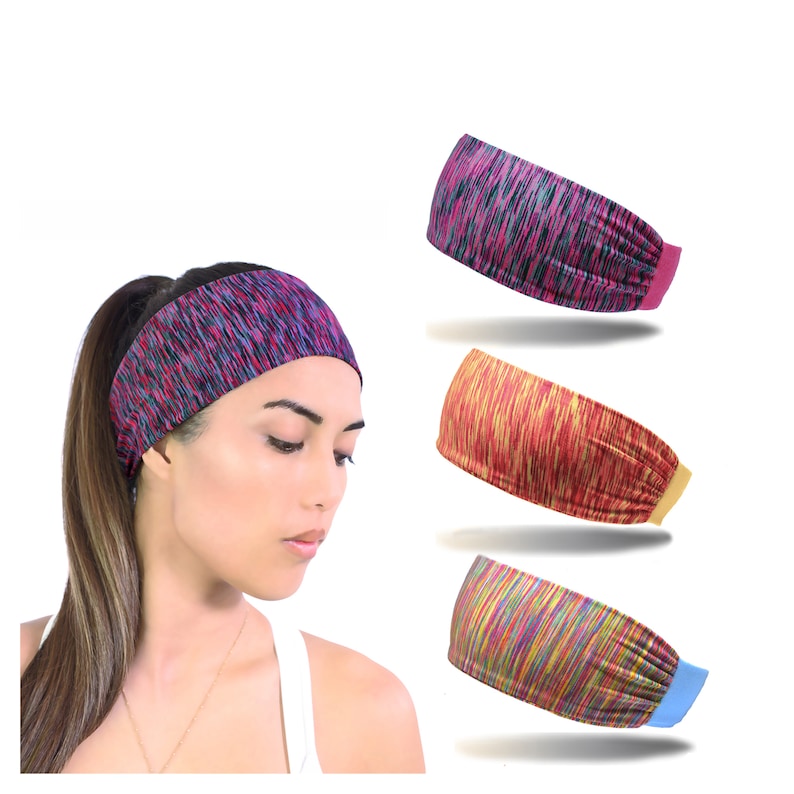 May include: Three colorful patterned headbands with elastic bands. The headbands are made of a stretchy fabric and are designed to be worn around the head to keep hair out of the face.