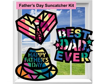 Father's Day Suncatcher Craft - 3 Sets (9 Cutouts) w Tissue Paper Stained Glass Sun Catcher Kit, Window Art, Classroom Craft Kid Party Favor