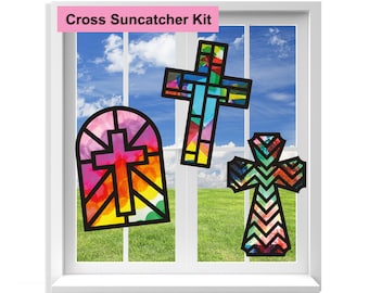Cross Suncatcher Craft Kit: Tissue Paper Stained Glass Window Art, Kids Crafts for Classroom, Birthday Party