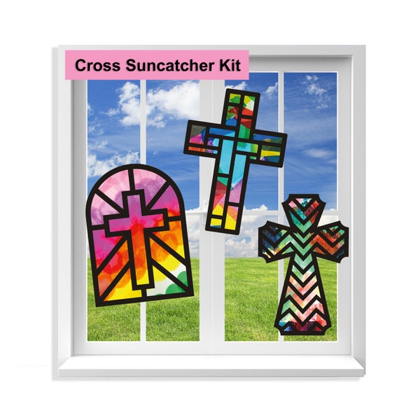 Cross Suncatcher Craft - 3 Sets (9 Cutouts) w Tissue Paper Stained Glass Sun Catcher Kit, Window Art, Classroom Craft Kid Party Favor