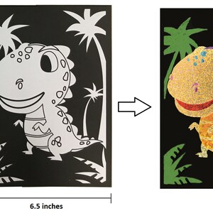 May include: A black craft kit with a white outline of a dinosaur and palm trees. The kit includes glitter glue to fill in the outline and create a sparkly dinosaur.