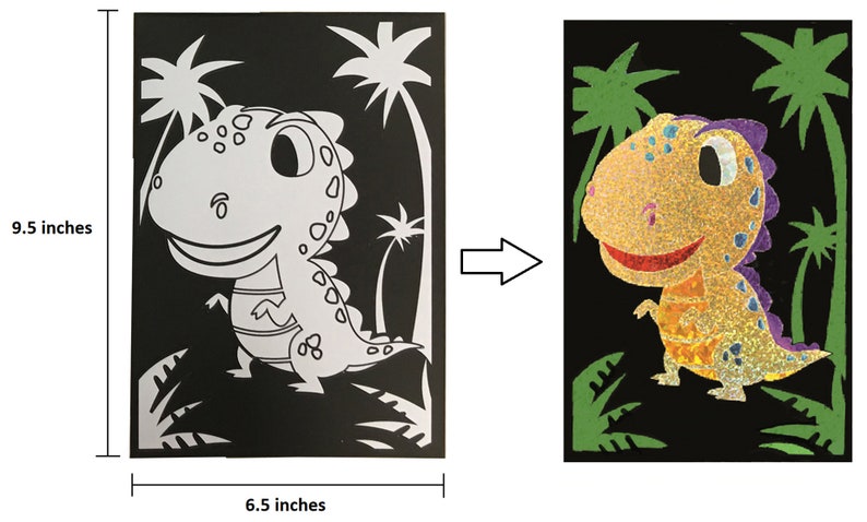 May include: A black craft kit with a white outline of a dinosaur and palm trees. The kit includes glitter glue to fill in the outline and create a sparkly dinosaur.