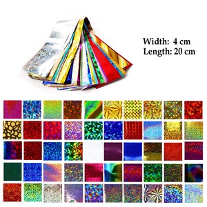 May include: A set of 36 iridescent holographic craft paper sheets. Each sheet measures 4 cm wide by 20 cm long. The sheets feature a variety of patterns and colors, including gold, silver, red, blue, green, and purple.