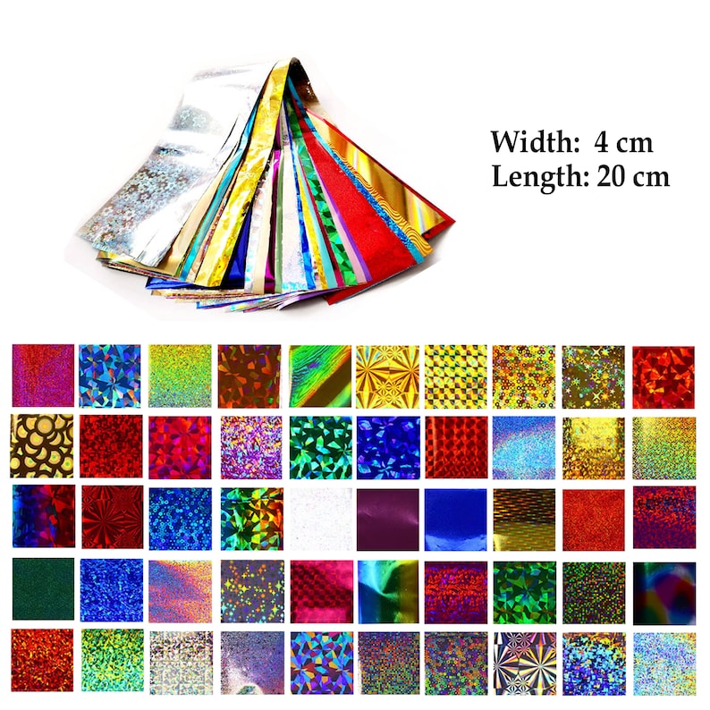 May include: A set of 36 iridescent holographic craft paper sheets. Each sheet measures 4 cm wide by 20 cm long. The sheets feature a variety of patterns and colors, including gold, silver, red, blue, green, and purple.