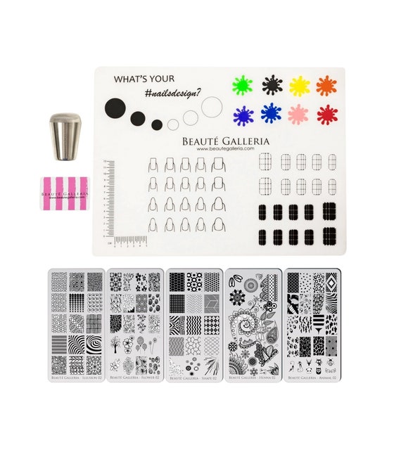 Nail Art Stamping Set 5pcs Premium Etched Stamping Plates Image Templates,  Silicone Nail Mat, Nail Stamper, Scraper and Instruction Card 