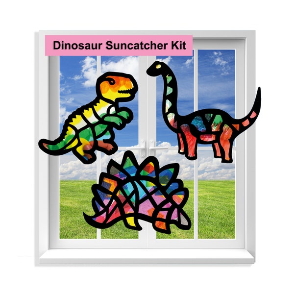 Dinosaur Suncatcher Craft - 3 Sets (9 Cutouts) w Tissue Paper Stained Glass Sun Catcher Kit, Window Art, Classroom Craft Kid Party Favor