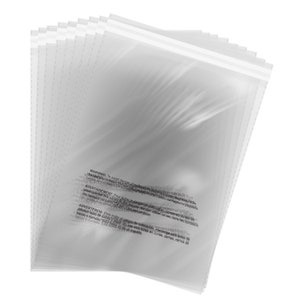 May include: A stack of clear plastic bags with a zipper closure. The bags have a warning label printed on them in English, French, and Spanish.