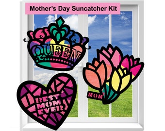 Mother's Day Suncatcher Craft - 3 Sets (9 Cutouts) w Tissue Paper Stained Glass Sun Catcher Kit, Window Art, Classroom Craft Kid Party Favor
