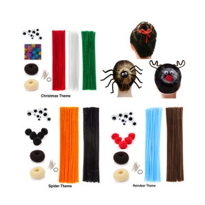 May include: Three sets of craft supplies for making hair accessories. Each set includes pipe cleaners, googly eyes, pom-poms, hair ties, and bobby pins. The themes are Christmas, Spider, and Reindeer.